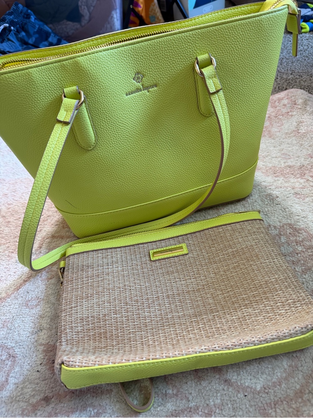 Nanette Lepore Lime Green Tote Bag & Woven Clutch Set